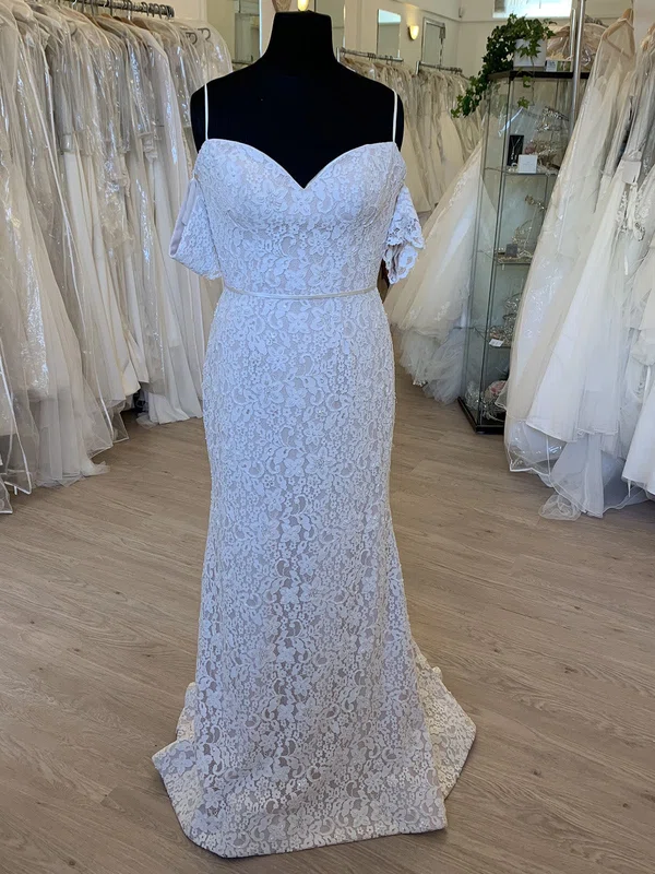 Sheath/Column V-neck Lace Sweep Train Wedding Dress With Pearl Detailing #Milly00028637