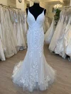 Trumpet/Mermaid V-neck Lace Tulle Sweep Train Wedding Dress With Appliques Lace #Milly00028639