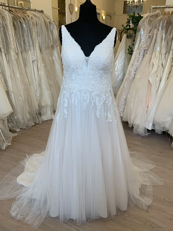 A-line V-neck Tulle Sweep Train Wedding Dress With Ruched #Milly00028641