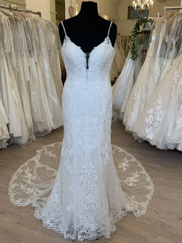 Sheath/Column V-neck Tulle Sweep Train Wedding Dress With Pearl Detailing #Milly00028644