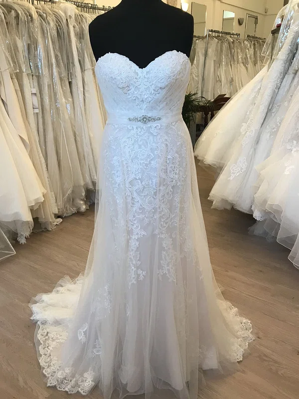 Sheath/Column Sweetheart Tulle Lace Sweep Train Wedding Dress With Beading #Milly00028647