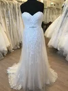 Sheath/Column Sweetheart Tulle Lace Sweep Train Wedding Dress With Beading #Milly00028647