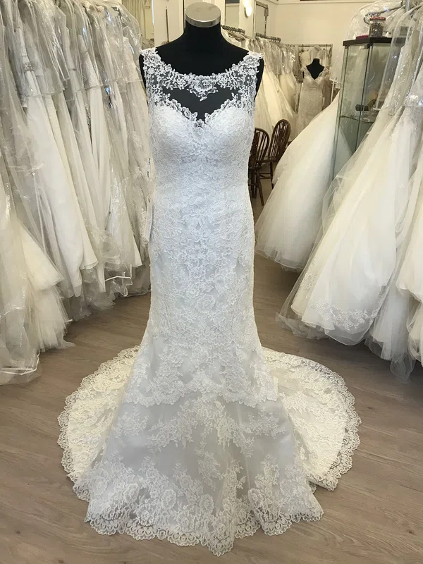 Sheath/Column Illusion Lace Tulle Sweep Train Wedding Dress With Appliques Lace #Milly00028649