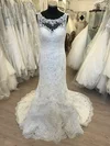 Sheath/Column Illusion Lace Tulle Sweep Train Wedding Dress With Appliques Lace #Milly00028649