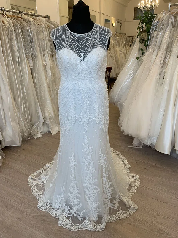 Sheath/Column Illusion Tulle Sweep Train Wedding Dress With Pearl Detailing #Milly00028651