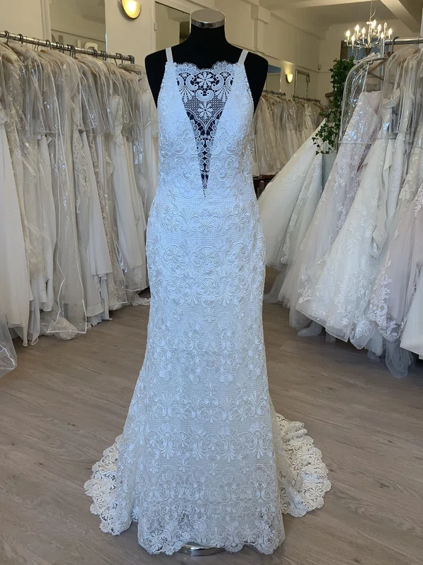 Sheath/Column Illusion Lace Sweep Train Wedding Dress With Appliques Lace #Milly00028652