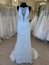 Sheath/Column Illusion Lace Sweep Train Wedding Dress With Appliques Lace #Milly00028652