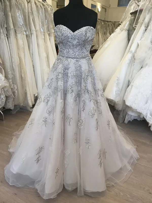 Ball Gown/Princess Sweetheart Lace Tulle Sweep Train Wedding Dress With Flower(s) #Milly00028653