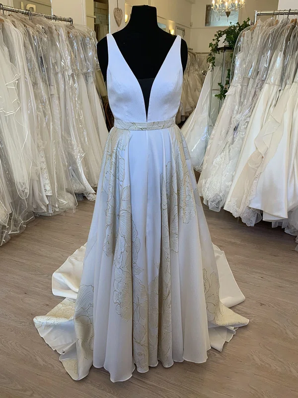 A-line V-neck Satin Sweep Train Wedding Dress With Bow #Milly00028654