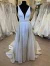 A-line V-neck Satin Sweep Train Wedding Dress With Bow #Milly00028654