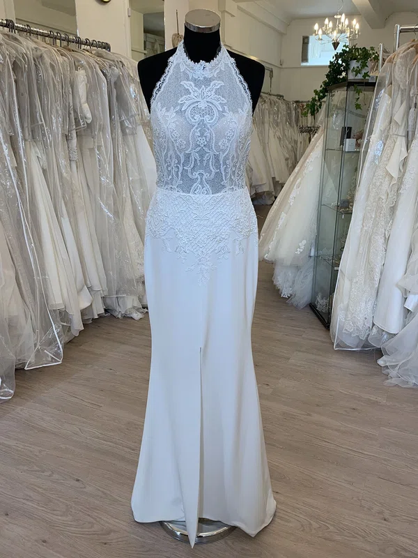 Sheath/Column High Neck Stretch Crepe Floor-length Wedding Dress With Split Front #Milly00028659