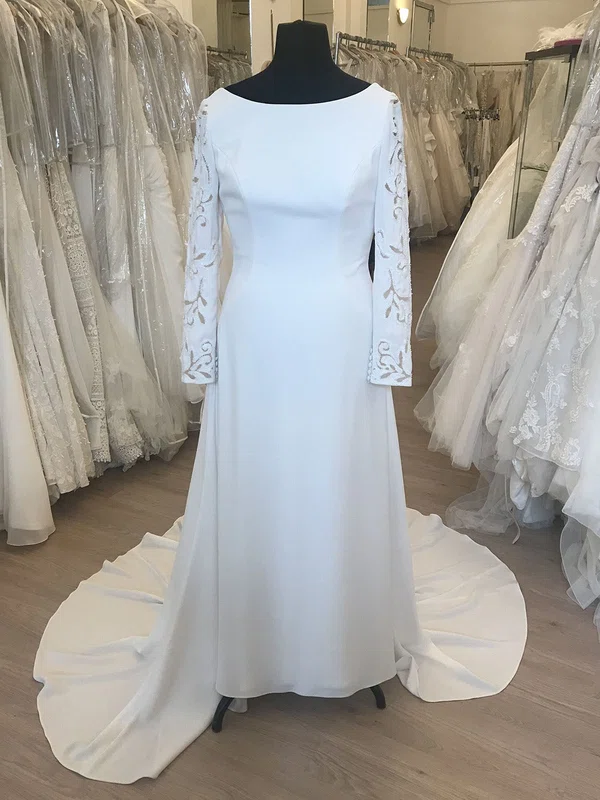Sheath/Column Scoop Neck Satin Chiffon Sweep Train Wedding Dress #Milly00028660
