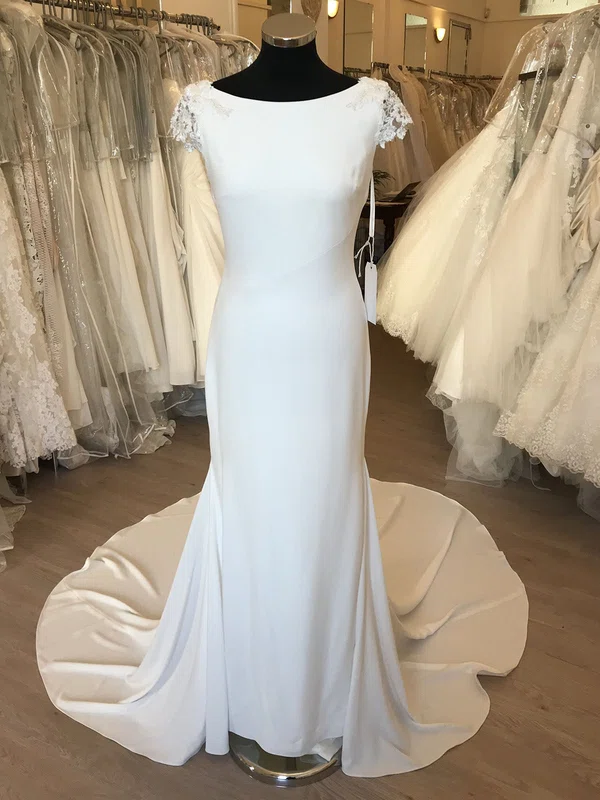 Sheath/Column Scoop Neck Stretch Crepe Sweep Train Wedding Dress With Appliques Lace #Milly00028661