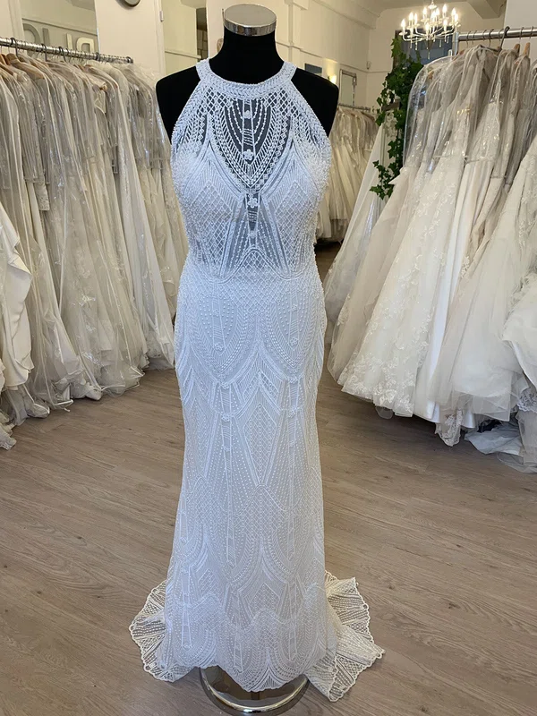 Sheath/Column Scoop Neck Lace Sweep Train Wedding Dress With Pearl Detailing #Milly00028664