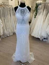 Sheath/Column Scoop Neck Lace Sweep Train Wedding Dress With Pearl Detailing #Milly00028664