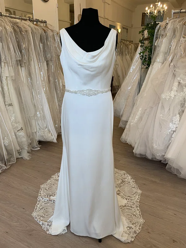 Sheath/Column Cowl Neck Stretch Crepe Sweep Train Wedding Dress With Pearl Detailing #Milly00028666