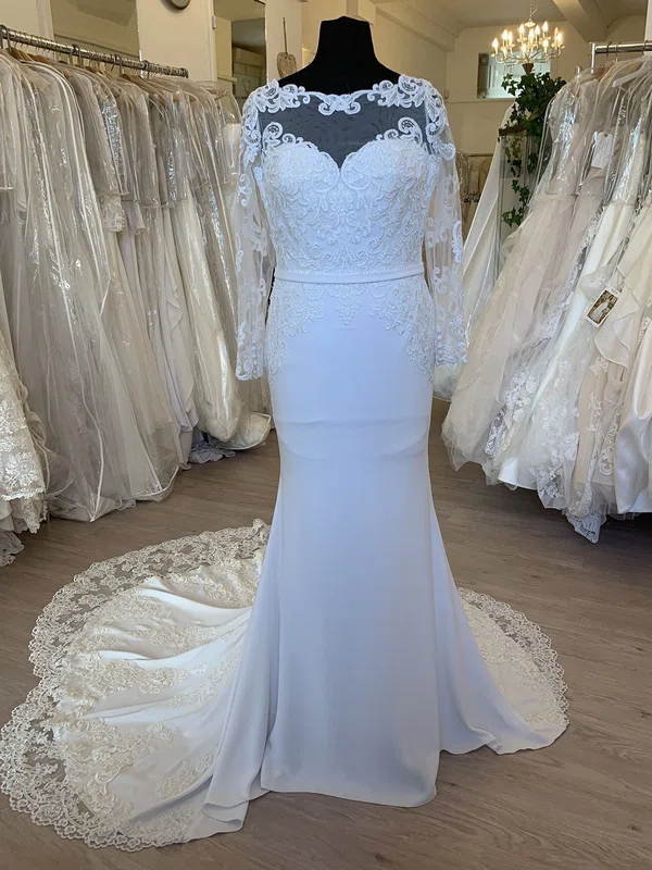 Sheath/Column Illusion Stretch Crepe Sweep Train Wedding Dress With Appliques Lace #Milly00028667