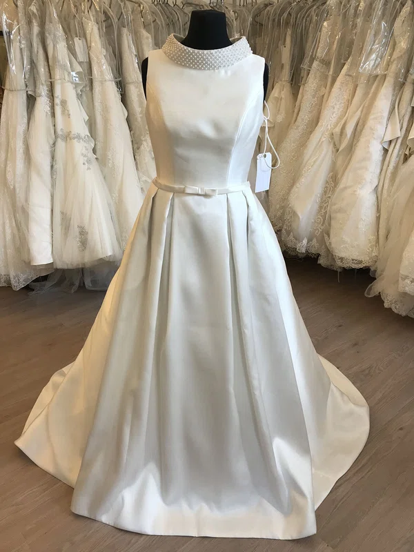 Ball Gown/Princess High Neck Satin Sweep Train Wedding Dress With Bow #Milly00028670