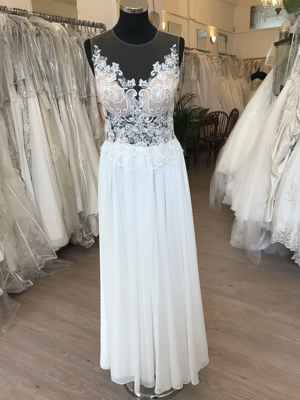 A-line Illusion Chiffon Floor-length Wedding Dress With Ruched #Milly00028676