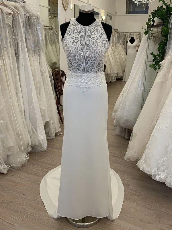 Sheath/Column Scoop Neck Chiffon Sweep Train Wedding Dress With Ruched #Milly00028677