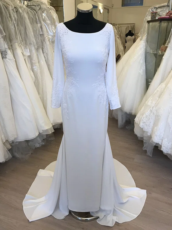Sheath/Column Scoop Neck Satin Chiffon Sweep Train Wedding Dress With Appliques Lace #Milly00028680