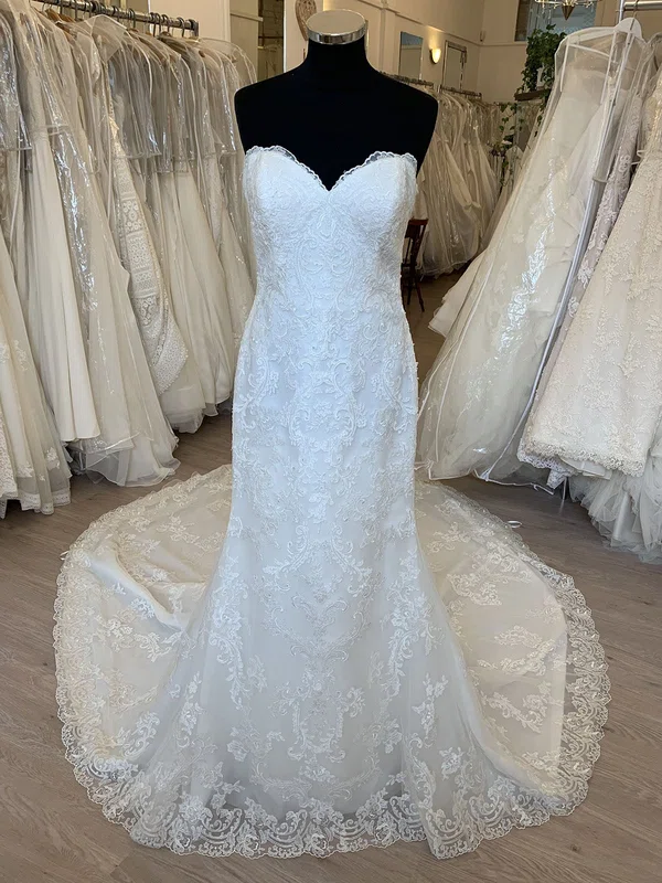 Sheath/Column Sweetheart Lace Tulle Court Train Wedding Dress #Milly00028682