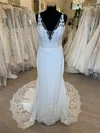 Sheath/Column V-neck Stretch Crepe Court Train Wedding Dress With Appliques Lace #Milly00028683