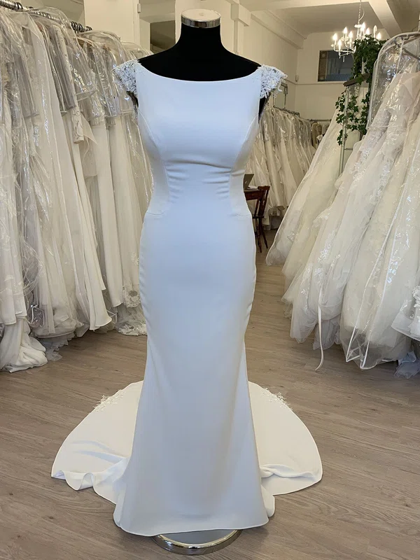 Sheath/Column Scoop Neck Stretch Crepe Sweep Train Wedding Dress With Appliques Lace #Milly00028685