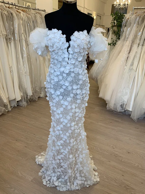 Sheath/Column Off-the-shoulder Tulle Sweep Train Wedding Dress With Flower(s) #Milly00028686
