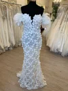Sheath/Column Off-the-shoulder Tulle Sweep Train Wedding Dress With Flower(s) #Milly00028686