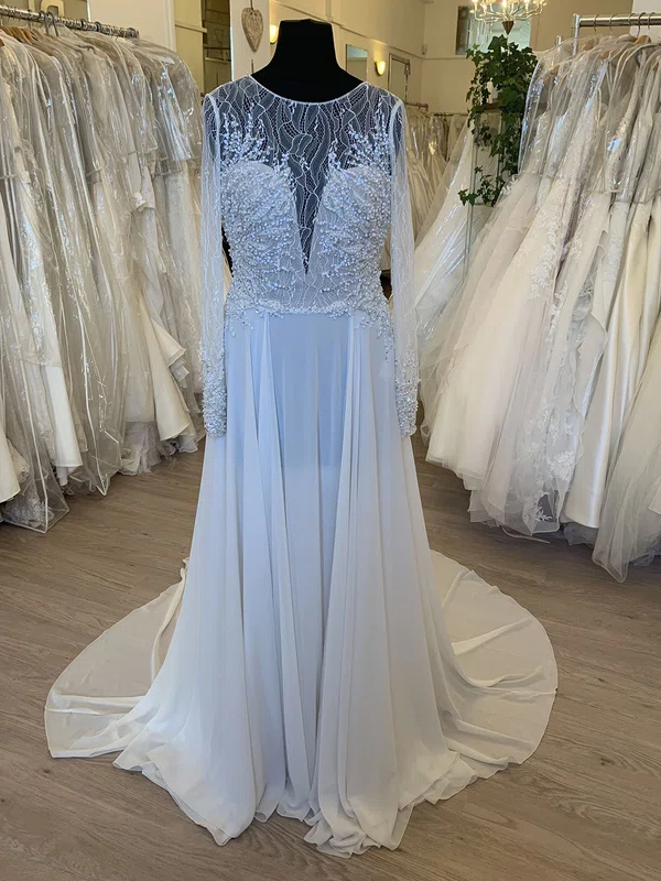 A-line Illusion Chiffon Sweep Train Wedding Dress With Sequins #Milly00028687