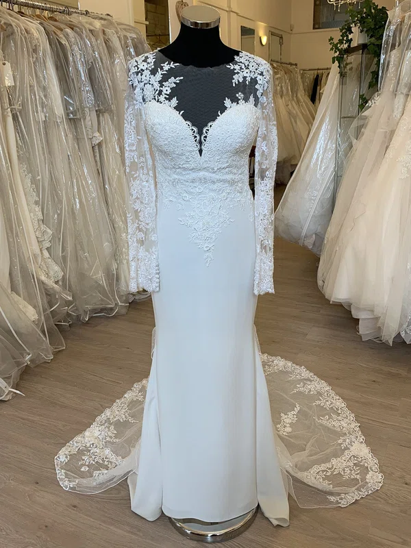 Sheath/Column Illusion Tulle Stretch Crepe Sweep Train Wedding Dress With Appliques Lace #Milly00028690