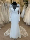 Sheath/Column Illusion Tulle Stretch Crepe Sweep Train Wedding Dress With Appliques Lace #Milly00028690