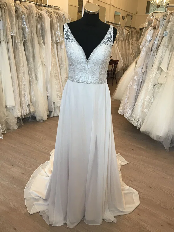 A-line V-neck Chiffon Sweep Train Wedding Dress With Beading #Milly00028693
