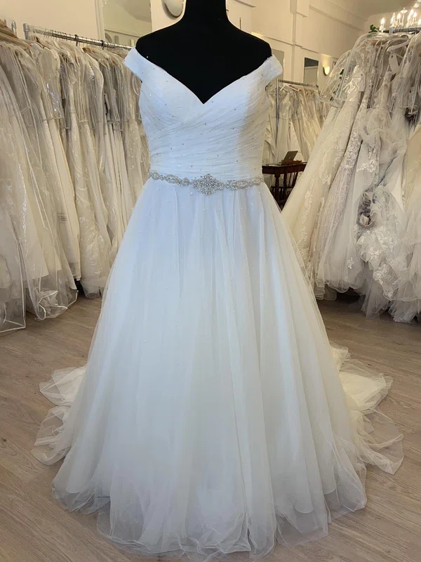 Ball Gown/Princess Off-the-shoulder Tulle Sweep Train Wedding Dress With Ruched #Milly00028694