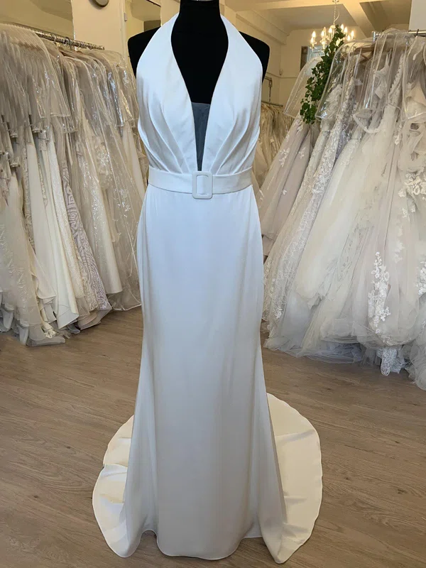 A-line Halter Satin Court Train Wedding Dress #Milly00028695