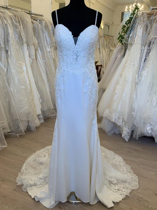 Sheath/Column Sweetheart Lace Stretch Crepe Sweep Train Wedding Dress With Appliques Lace #Milly00028697