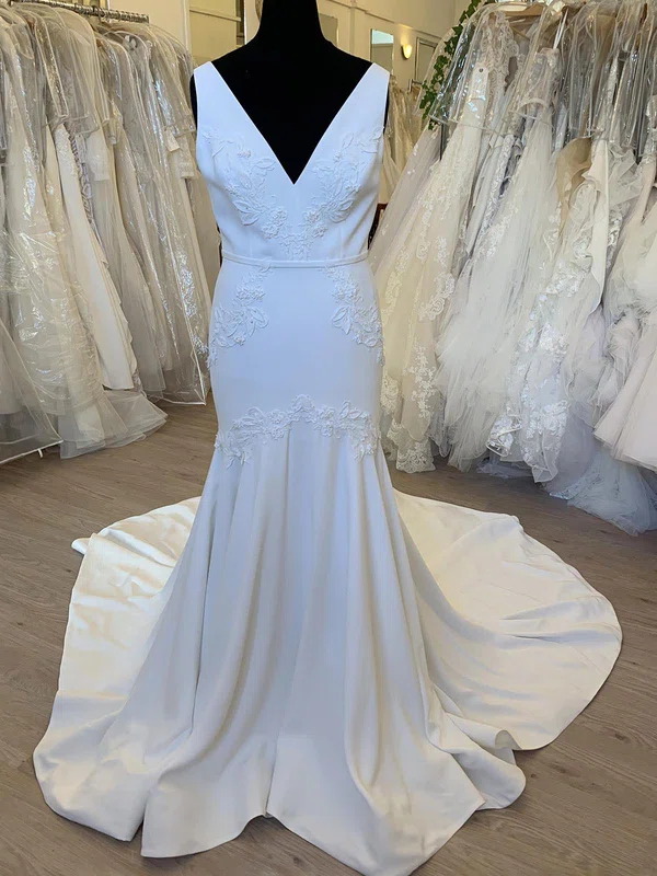 Trumpet/Mermaid V-neck Stretch Crepe Sweep Train Wedding Dress With Appliques Lace #Milly00028698