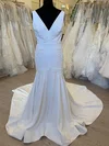 Trumpet/Mermaid V-neck Stretch Crepe Sweep Train Wedding Dress With Appliques Lace #Milly00028698