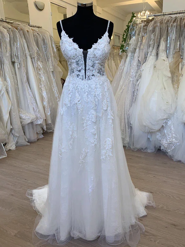A-line V-neck Lace Tulle Sweep Train Wedding Dress With Appliques Lace #Milly00028699