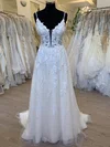 A-line V-neck Lace Tulle Sweep Train Wedding Dress With Appliques Lace #Milly00028699