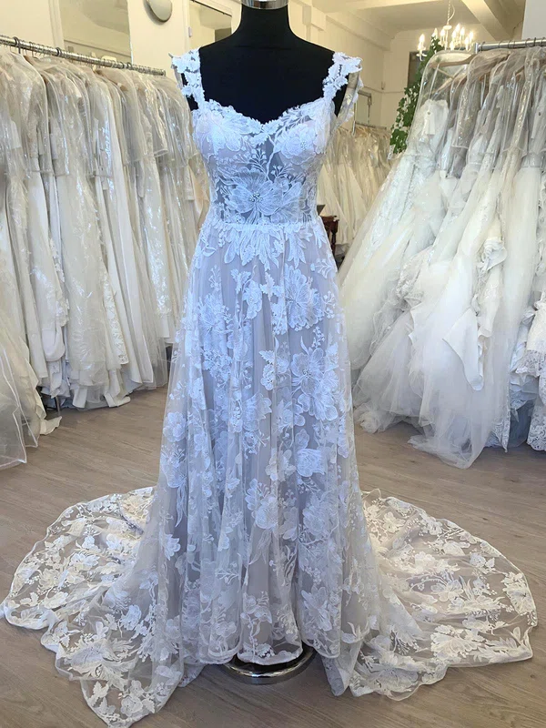 A-line Sweetheart Tulle Sweep Train Wedding Dress With Appliques Lace #Milly00028701