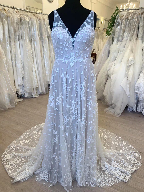 A-line V-neck Tulle Sweep Train Wedding Dress With Flower(s) #Milly00028702