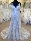 A-line V-neck Tulle Sweep Train Wedding Dress With Flower(s) #Milly00028702