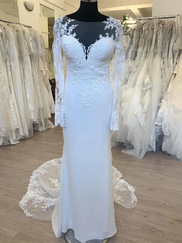 Sheath/Column Illusion Tulle Stretch Crepe Sweep Train Wedding Dress With Appliques Lace #Milly00028703