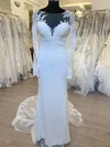 Sheath/Column Illusion Tulle Stretch Crepe Sweep Train Wedding Dress With Appliques Lace #Milly00028703