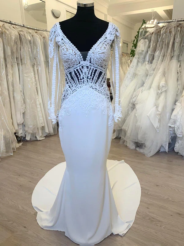Trumpet/Mermaid V-neck Stretch Crepe Sweep Train Wedding Dress With Appliques Lace #Milly00028704