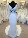 Trumpet/Mermaid V-neck Stretch Crepe Sweep Train Wedding Dress With Appliques Lace #Milly00028704