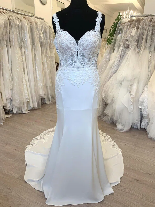 Trumpet/Mermaid Sweetheart Stretch Crepe Sweep Train Wedding Dress With Appliques Lace #Milly00028706