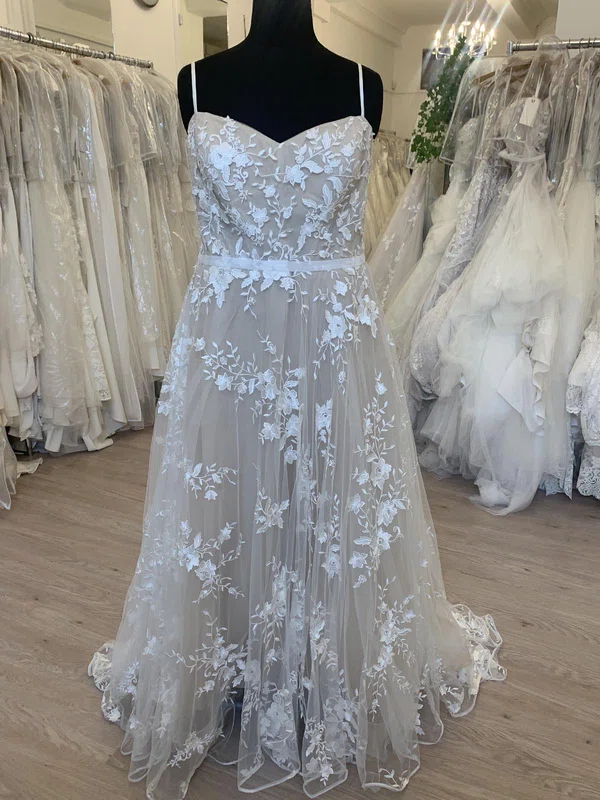 A-line V-neck Tulle Sweep Train Wedding Dress With Appliques Lace #Milly00028708